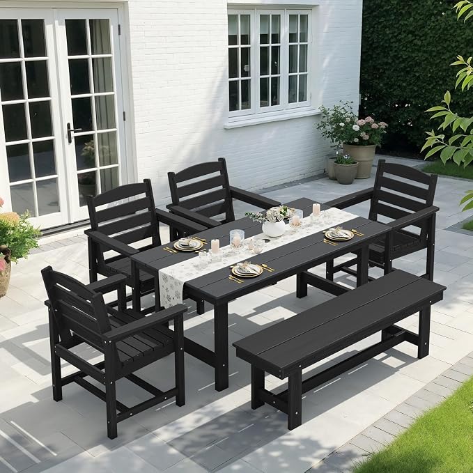 KINGYES 6-Piece Patio Dining Set, HDPE Outdoor Table and Chairs with Bench, Black