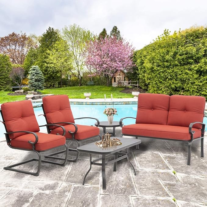 Skiway Outdoor Metal Funiture Set 5Pcs Patio Conversation Set Loveseat, 2 Spring Chairs with Coffee Table and Red Cushions, Wrought Iron Look