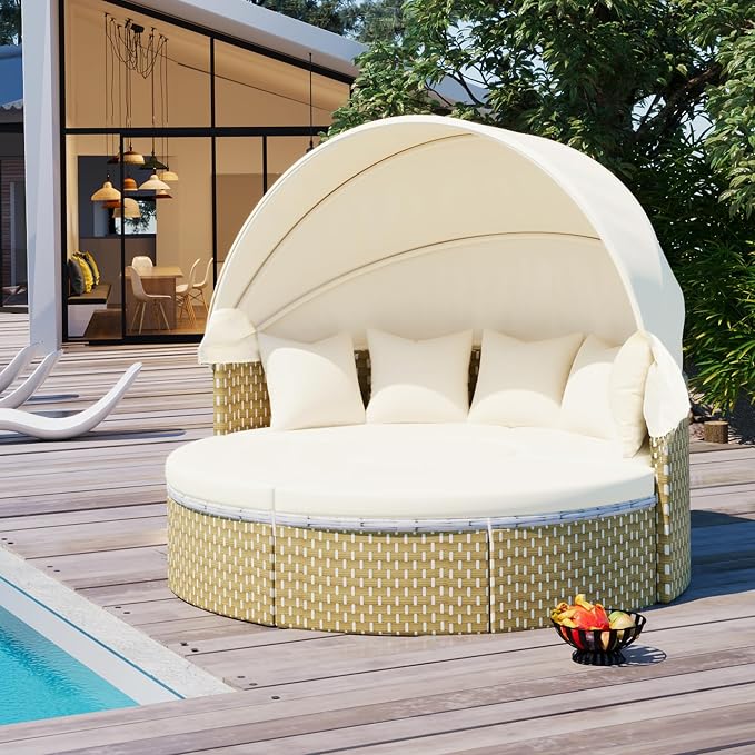 Merax Patio Conversation Set, 5-Piece Outdoor Furniture Round Sectional Sofa Set Rattan Daybed Two-Tone Weave Sunbed with Retractable Canopy, Beige