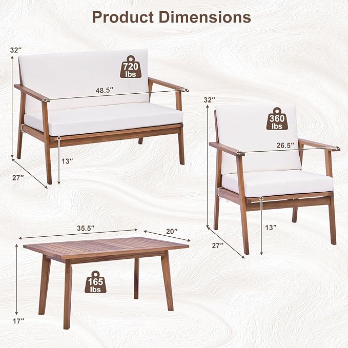 Tangkula 4 Piece Outdoor Conversation Set, Acacia Wood Sofa Set with Soft Seat & Back Cushions, Rectangle Coffee Table Patio Wood Furniture Set for Backyard, Poolside, Garden (2, Off White)