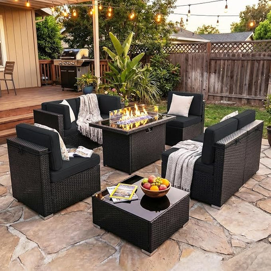 8 Pieces Patio Furniture Set with 44" Propane Gas Fire Pit Table, Outdoor Sectional Wicker Conversation Sofa Sets with Coffee Table