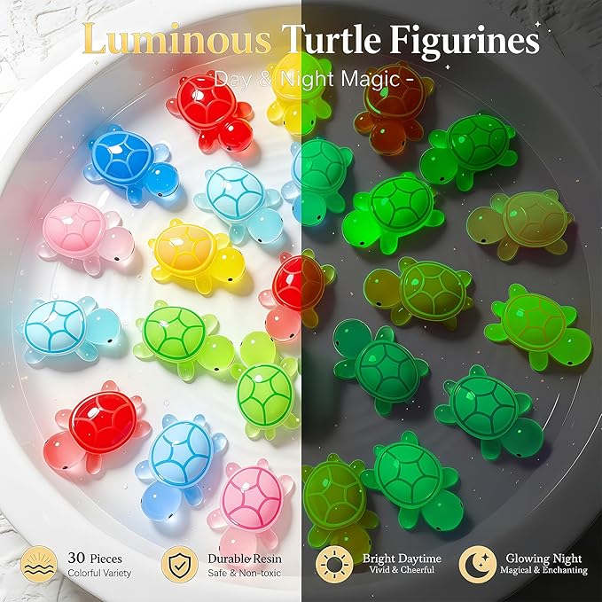 30 Pcs Medium Glow in The Dark 3D Resin Turtles Miniature | Garden Figurines, Accessories for decorating DIY Dollhouse Fish Tank Fridge Wall Art, Safe, Durable, Non Fading, 10 Colors