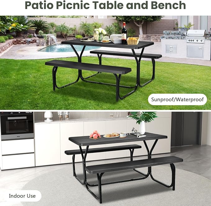 Picnic Table, Camping Portable Picnic Table Bench Set for 4 Persons, Heavy-Duty Steel Frame & Resin Tabletop, All Weather Outdoor Picnic Tables for Patio Travel BBQ Party Garden (Black)