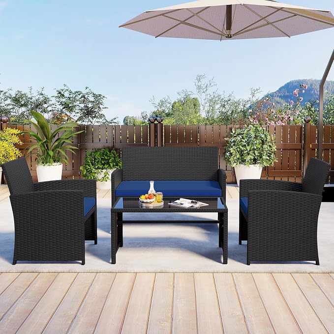 HAPPYGRILL 4 Piece Rattan Wicker Patio Conversation Set, Outdoor Furniture with Chair Loveseat Table & Cushion, for Backyard Porch Balcony (1, Black & Navy)