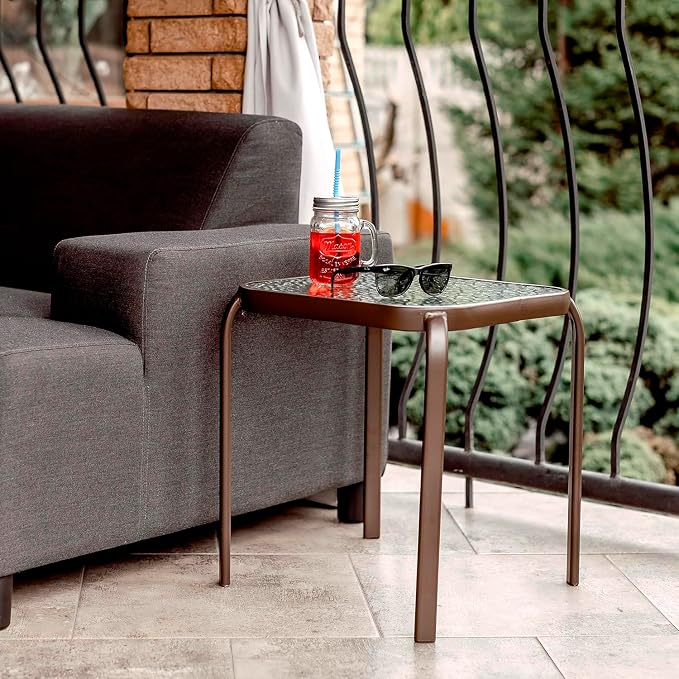 Bronze Metal Outdoor Side Table with Tempered Glass Top Set of 3 – Elegant Small 16" Square Patio Table – Durable Weather-Resistant Coffee Bistro Accent End Table for Outside and Garden