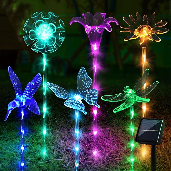 Set of 6 Arcylic Solar Lights for Outside, Solar Powered Garden Decorations with 8 Lighting Modes, Outdoor Waterproof Pathway Lights for Yard, Patio Plant Pot, Flower Bed (Mixed)