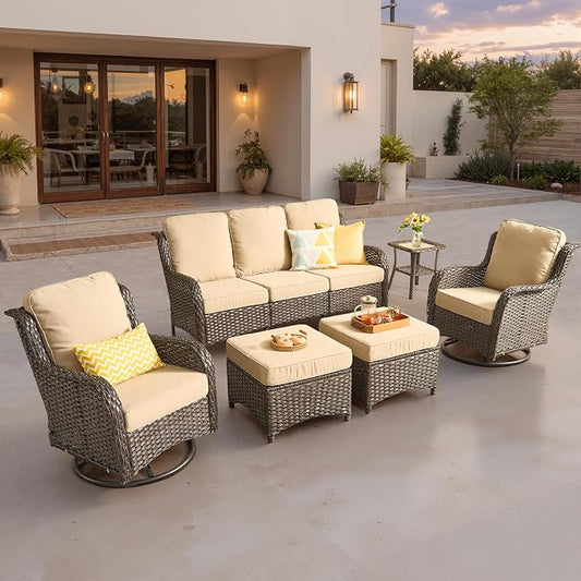 ovios 6-Piece Patio Furniture Set with Swivel Chairs Side Table, Outdoor Wicker Sofa with Comfy Cushions, High Back Couch Modern Conversation Sets, Brown/Beige