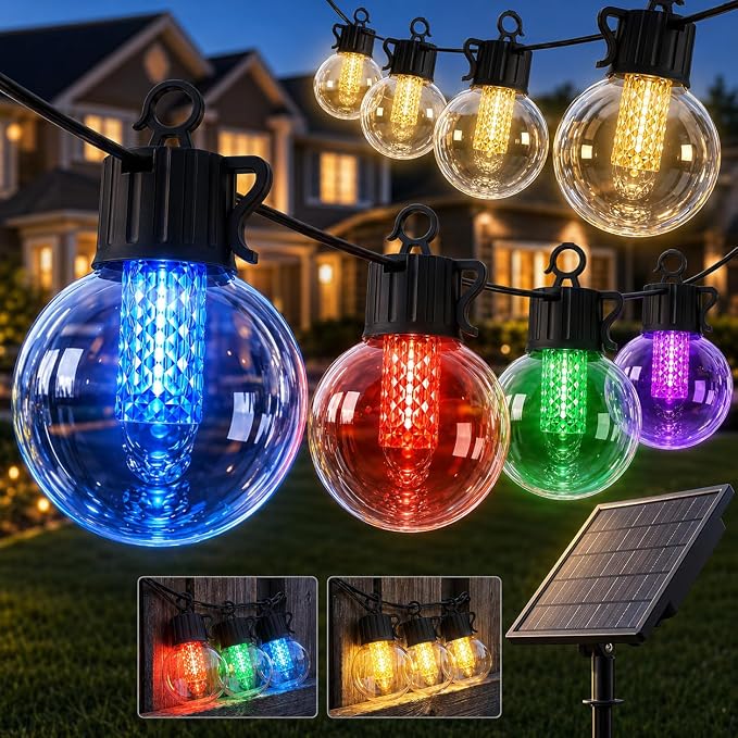 FREECUBE 50FT Solar String Lights Outdoor Waterproof, 25LEDs G40 Globe Shatterproof Bulbs,Warm White & Multicolor,8 Modes,Timer, Solar Powered Patio Lights for Backyard, Porch, Garden, Wedding Decor