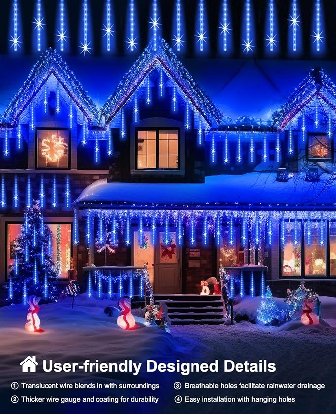 Christmas Lights Outdoor 16" 20 Tube 960 LEDs, Blue | Meteor Shower Rain String Lighting LED Icicle Tree String Decor for Halloween Yard Party Patio Xmas Decoration