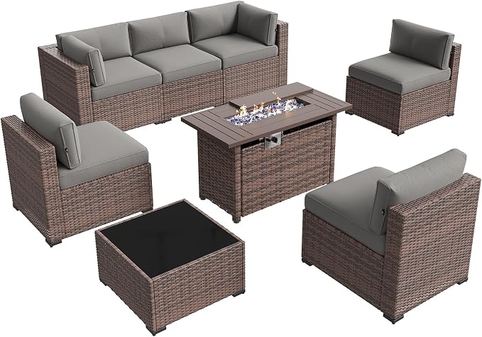 Aoxun Patio Furniture Sets, 8-Piece Outdoor Patio Furniture with 44'' Propane Gas Firepit Table, Wicker Outdoor Conversation Set Sectional Sofa for Backyard, Poolside, Garden