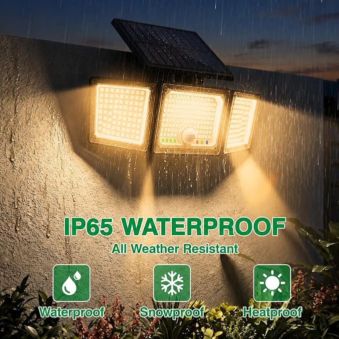 Solar Outdoor Lights Motion Sensor, 2500LM 286 LED Security Flood Lights with Visual Battery & Mode Display, 3 Lighting Modes, IP65 Waterproof 3-Head Wide Angle for Garage, Yard, Patio (6P Warm White)