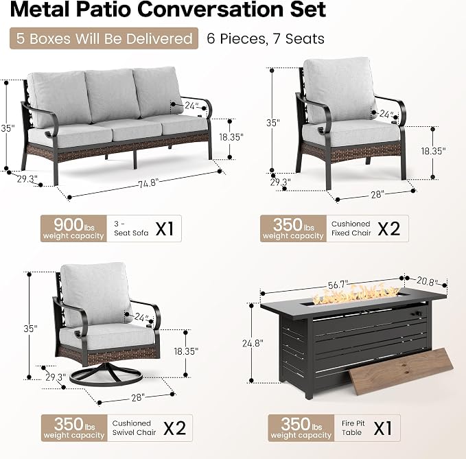 SUNSHINE VALLEY 6 Piece Metal Outdoor Patio Furniture Set with Firepit Table, Patio Conversation Sets 1 3-Seater Chair, 2 Leg Sofa & 2 Swivel Chair with 5.75" Cushion for Backyard Deck, Light Gray