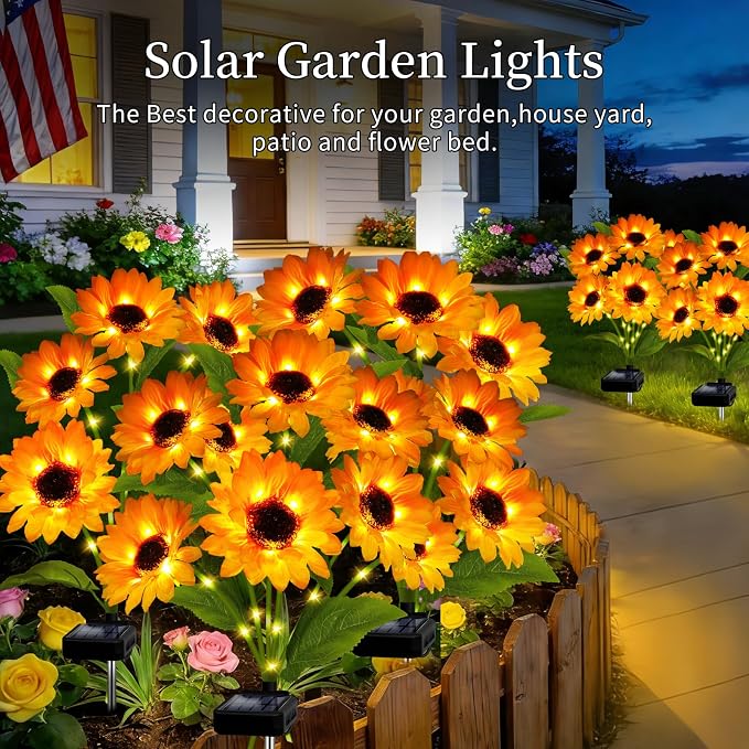 Solar Garden Lights Outdoor, 3 Pack Solar Sunflower Lights with 18 Head 3.45 Inch Flowers, Waterproof Flowers Light Fall Thanksgiving Decorations for Garden Yard Patio Backyard, Gifts for Mom Women