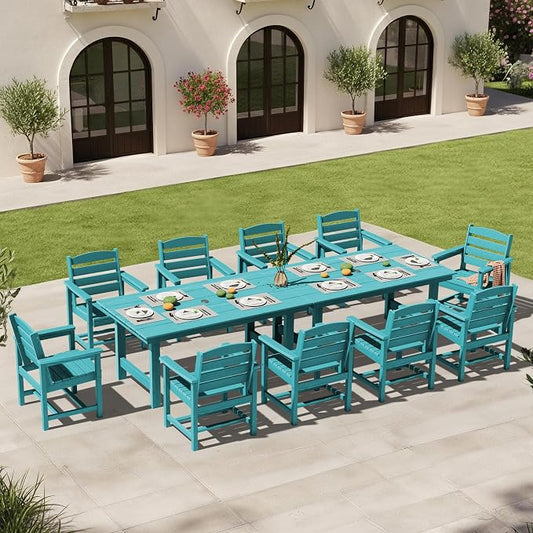 KINGYES 12 Piece Patio Dining Set, HDPE Outdoor Table and Chairs Set with Umbrella Hole, Aruba Blue
