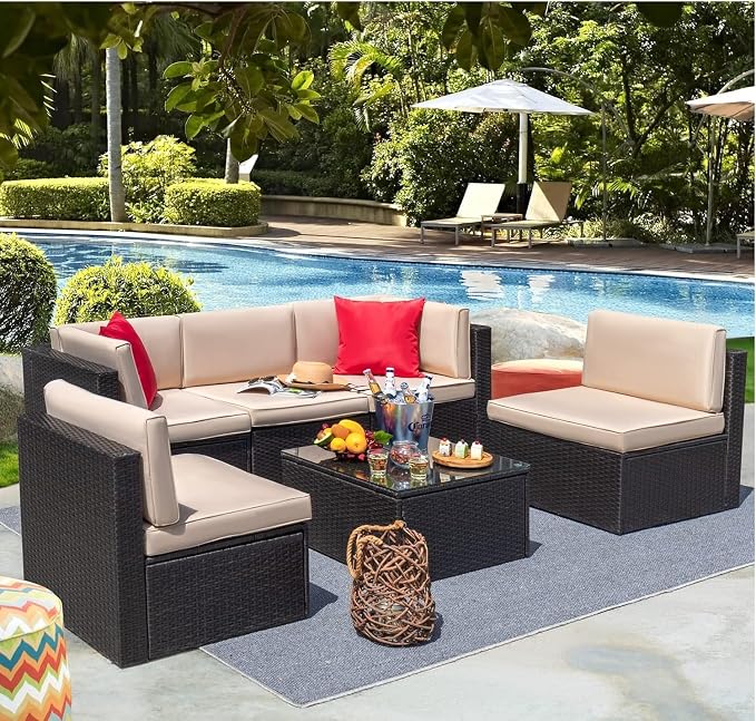 6-Piece Outdoor Patio Furniture Set with Manual Weaving Rattan Sectional Sofa, Glass Coffee Table, Cushions Included, Wicker Patio Conversation Set for Garden, Backyard, Porch Lounge Areas(Beige)