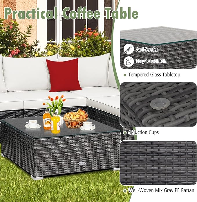 DORTALA 7 Pieces PE Rattan Patio Furniture Set, All-Weather Wicker Conversation Set W/Soft Cushions & Pillows, Coffee Table, Outdoor Sectional Sofa Set for Balcony, Poolside, Backyard, White