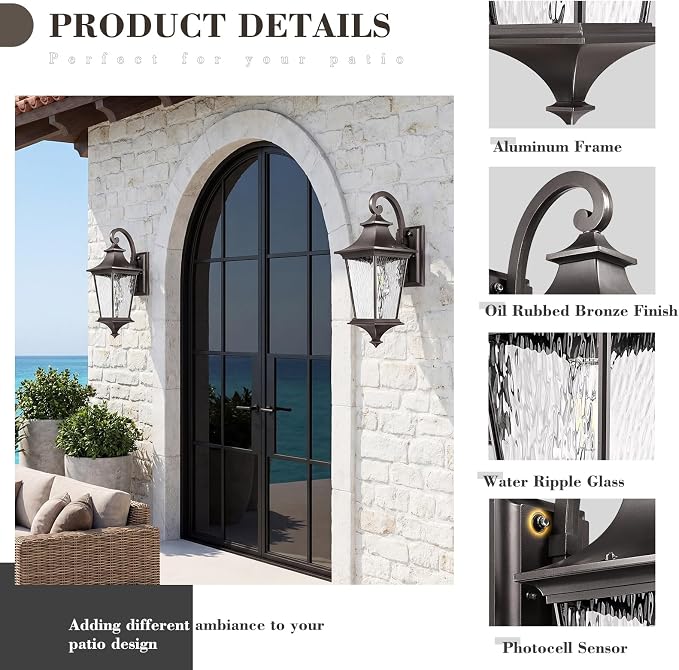 Emliviar Dusk to Dawn Outdoor Porch Light, 21.1" Exterior Wall Mount Lamp for Doorway, Patio Wall Lantern with Water Ripple Glass, Oil Rubbed Bronze Finish, XE292B-M-PC ORB SW