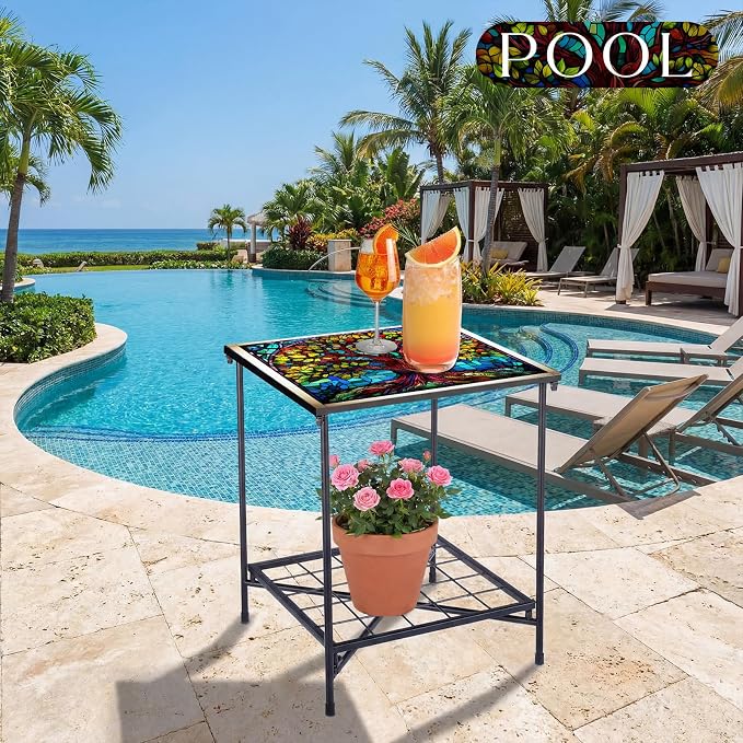 Cinnvoice Outdoor Side Table 2-Tier Storage Square Small Mosaic Patio Accent Indoor End Plant Coffee Tea Table for Yard Patio Porch Garden Living Room, Bedroom(Tree of Life Style)