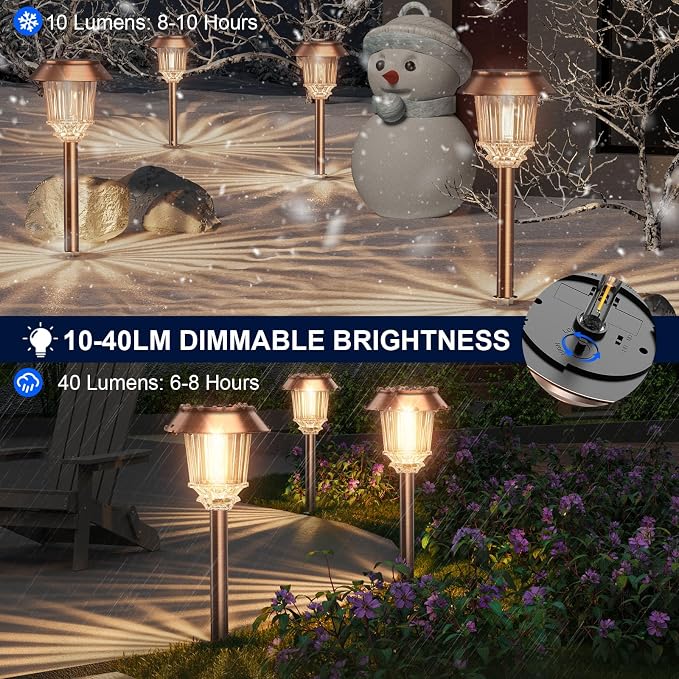 XMCOSY+ Solar Pathway Lights Outdoor, 6 Pack Solar Light Outdoor Waterproof | Stainless Steel & Aluminum 10-40LM Dimmable Warm White for 12H, IP65 Solar Powered Auto On/Off Outdoor Light for Yard Garden