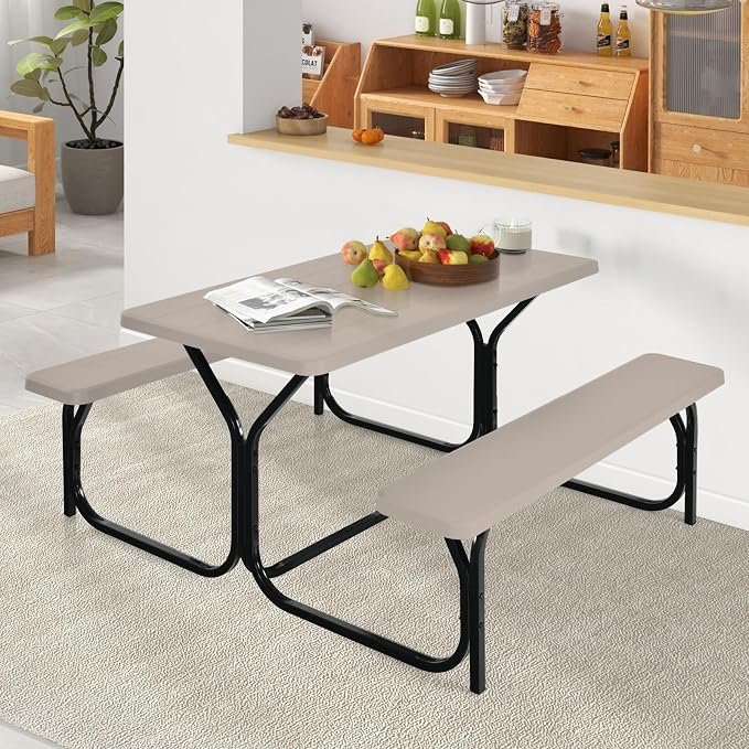ORALNER Picnic Table, Plastic Dining Table & 2 Benches Set, Weather Resistant Wood Grain Resin Tabletop & Steel Frame, Picnic Tables for Outdoors, Porch Yard Patio Lawn Party Camping (Light Brown)