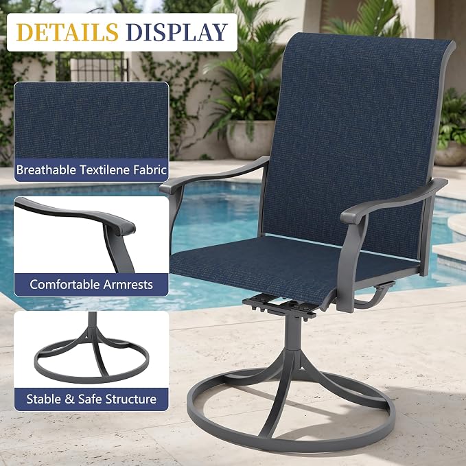 Anmutig 7 PCS Patio Dining Set, Rectangle Metal Table with 1.57" Umbrella Hole and 6 High Back Textilene Swivel Chairs, Suitable for All Weather Blue