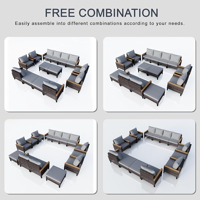 14 Pieces Patio Conversation Set, Wicker Rattan Sectional Modular Sofa Seating Set with Armchairs and Ottomans, Outdoor Furniture for Porch, Poolside, Deck, Balcony, Backyard, Yard (Gray Cushions)