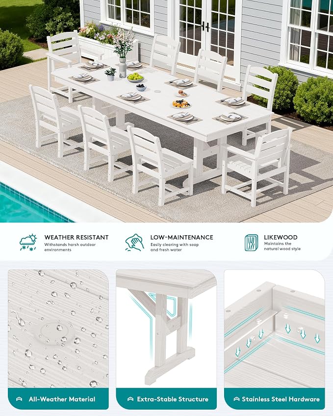SERWALL 9 Piece Outdoor Dining Set, 84" HDPE Outdoor Table with 6 Armless Chairs and 2 Armchairs ，All Weather Patio Dining Furniture Set with Umbrella Hole for Backyard, Garden, White