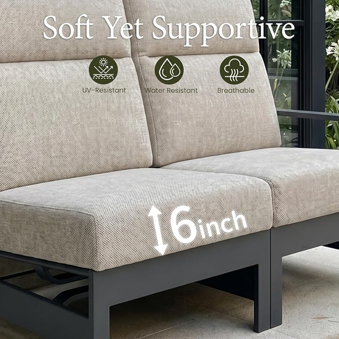 LayinSun 5-Piece Patio Furniture Set, Outdoor Aluminum Conversation Set with Swivel Chair and 6" Thick Cushions, Modern Sectional Sets for Balcony Backyard Pool
