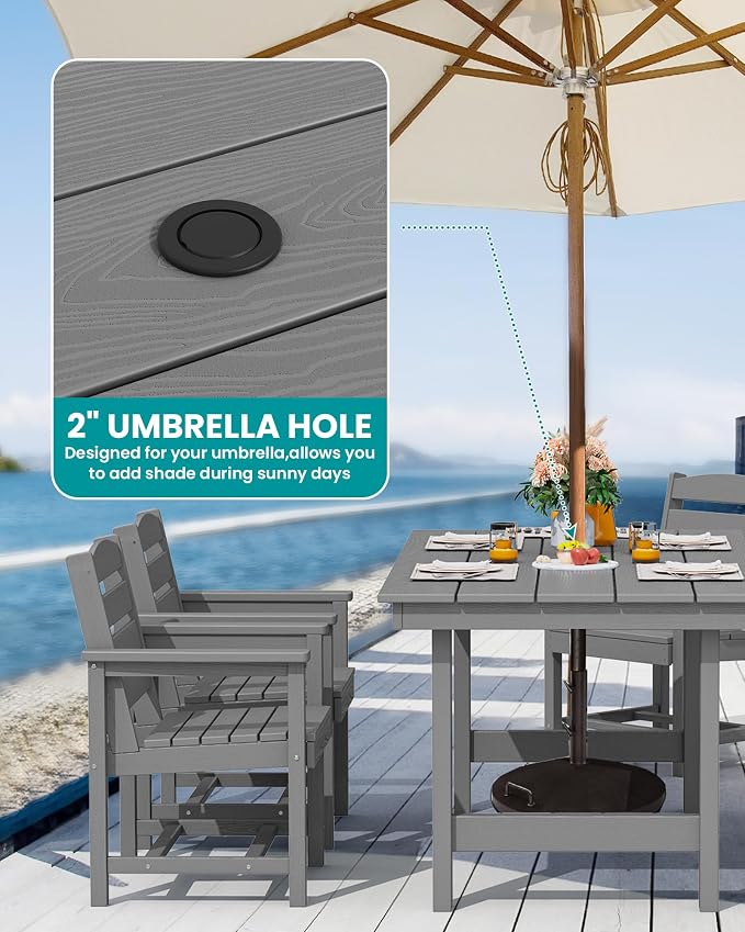 SERWALL 5 Pcs HDPE Patio Dining Set w/Umbrella Hole Table & 4 Chairs, Gray | HDPE Outdoor Dining Set with Rectangular Table & 4 Chairs, All-Weather Patio Dining Furniture