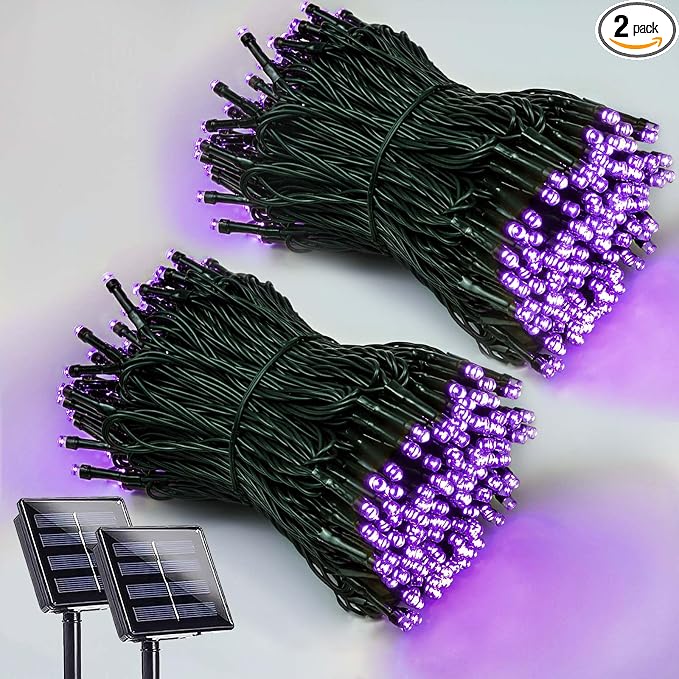 Solar Halloween Lights Outdoor 2 Pack 200 LED Solar String Lights Purple | 8 Lighting Modes, Memory Function, Auto On/Off, 66FT Waterproof Twinkle Lights for Outside Garden Party Tree Horror Decor