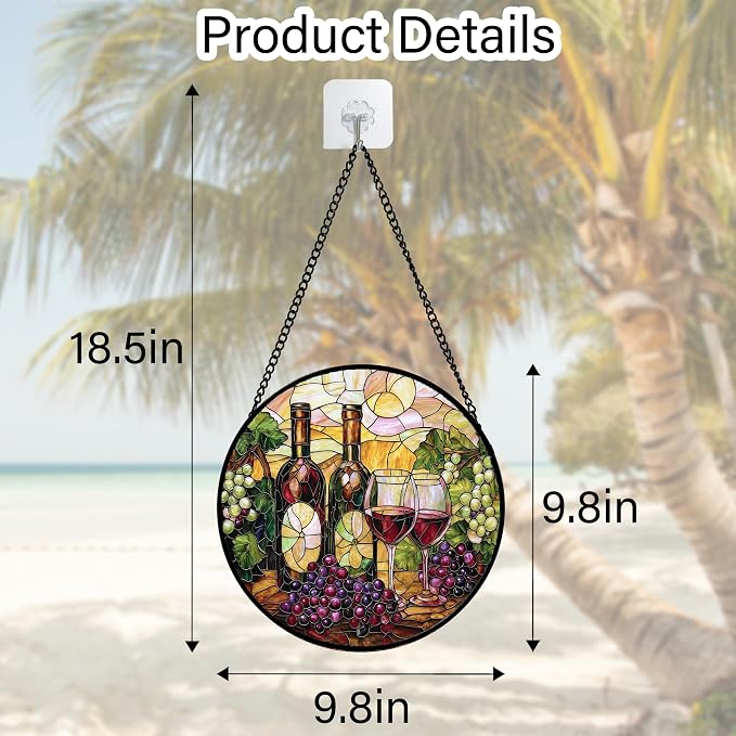 DASTOLL Stained Glass Window Hanging, Grapes and Wine Suncatcher Diamond Glass Panel Hangings Sun Catchers Decor for Birthday for Women, Men, Wife, Aunt, and Mom 9.8 in