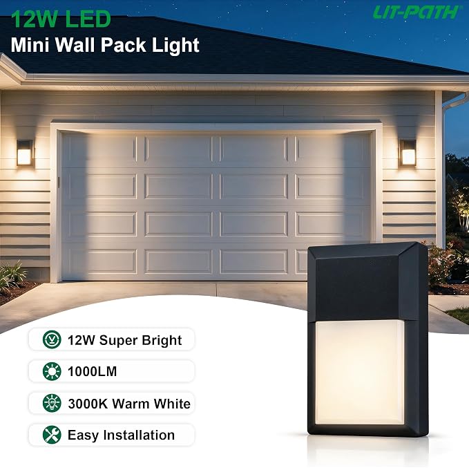 Outdoor Porch Light, LED Wall Sconce, Rustproof Aluminum | Modern Exterior Wall Light Fixture for House, Patio, Garage, 12W 1000 Lumen, Waterproof, 3000K, Black, 2 Pack