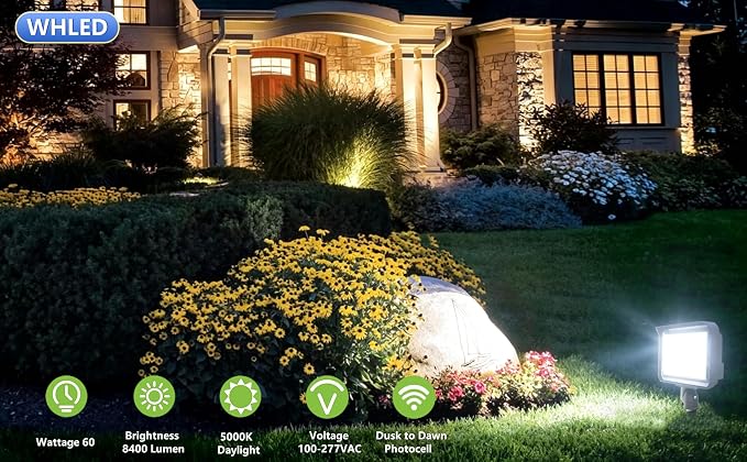 2Pack Dusk to Dawn Outdoor 60W LED Flood Light with Knuckle & Plate Mount, 5000K ETL Commercial LED Security Lighting