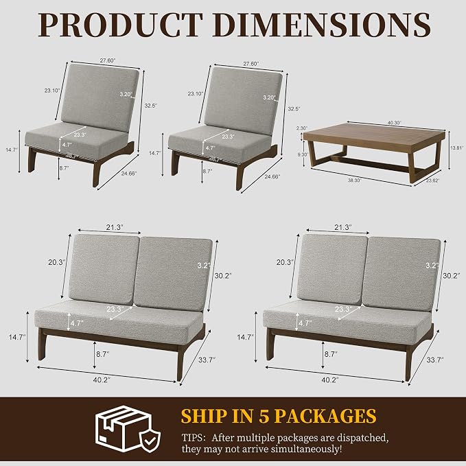 5 Pieces All Weather Wood Patio Furniture Sets, 2 Patio Loveseat, 2 Patio Bistro Chair, Outdoor Sectional Sofa Furniture Backyard Conversation Set with Coffee Table - Light Camel