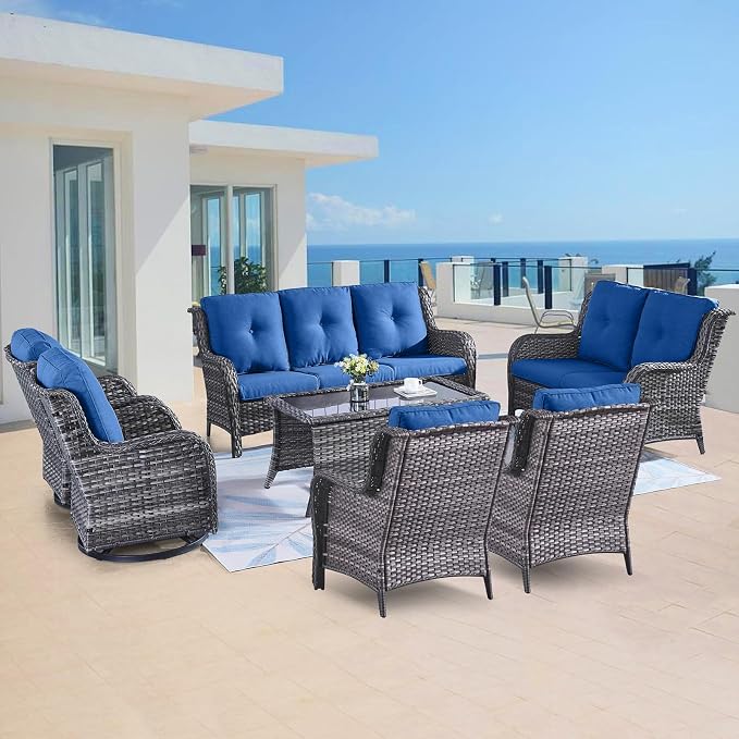 Belord 7 Piece Wicker Patio Furniture Set, Outdoor Swivel Rocker Chairs Set of 2 with Ottomans, 3 Seat Sofa and Loveseat, All Weather Patio Conversation Furniture Set, for Pool,Yard Gray Wicker/Blue