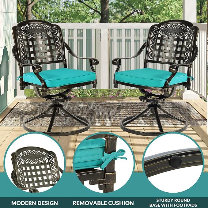 MEETWARM 9-Piece Outdoor Patio Dining Set for 8, All Weather Cast Aluminum Patio Funiture Table and Chairs Set- 94.5” Rectangular Table and 2 Swivel Rocker Chairs, 6 Stationary for Garden, Ocean Blue