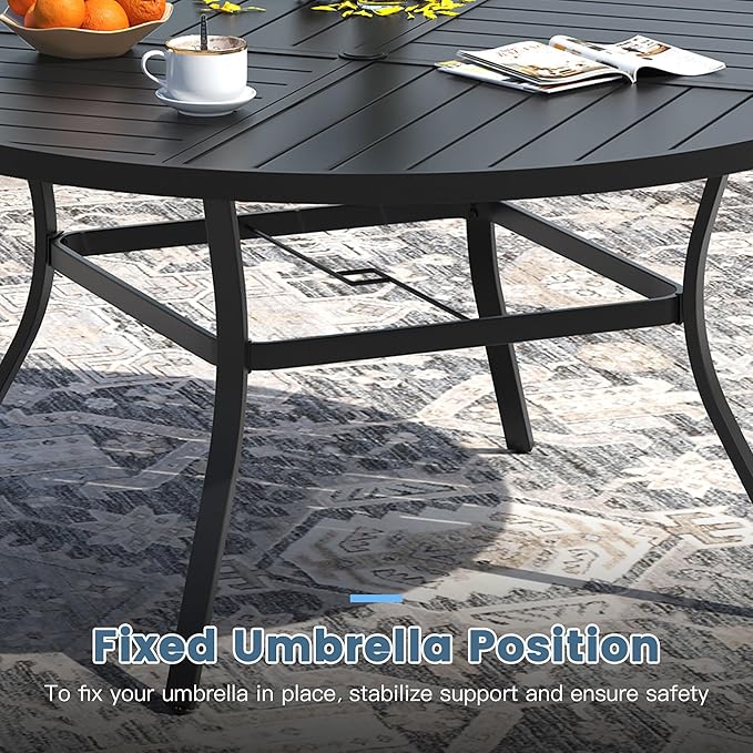 DIFY 9 Piece Outdoor Dining Set for 8, 59.8" Black Round Metal Dining Table with Umbrella Hole and Swivel Patio Chairs with Blue Textilene Fabric, Patio Table and Chairs Set for Garden Backyard Deck