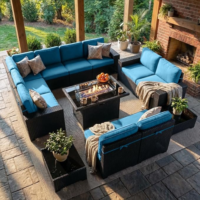 LayinSun 13 Pieces Outdoor Patio Furniture Set with 44" Fire Pit Table Rattan Sectional Sofa Conversation Sets