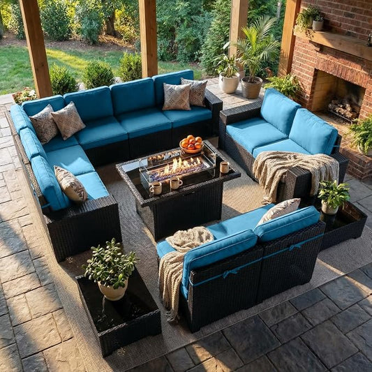 LayinSun 13 Pieces Outdoor Patio Furniture Set with 44" Fire Pit Table Rattan Sectional Sofa Conversation Sets
