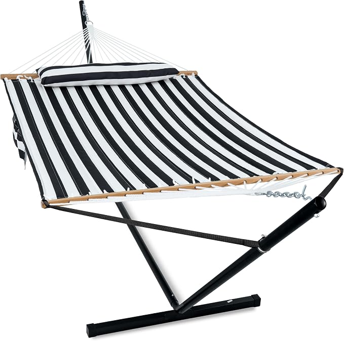 GAFETE 2 Person Hammock with Stand for Outside, Heavy Duty Steel Stand, Double 55inch Hammocks, Large Removable Pillow, Storage Bags, Max 475 lbs Capacity (Stripe Black-White)