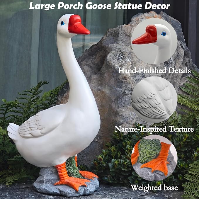 20" Large Porch Goose Statue Decor, White Lifelike Lawn Goose Sculpture ,Resin Indoor or Outdoor Decorative Figurine for Garden, Patio, Yard, Entryway Accent, Unique Housewarming Gift, Gifts for Mom