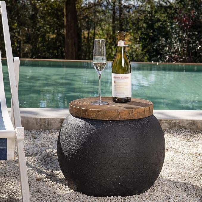 COSIEST Outdoor Side Table Set of 2, Black Drum Outdoor End Tables,17" Patio Side Table, Concrete Side Tables for Outside Faux-Wood Top Accent Table Stool for Yard, Garden, Indoor
