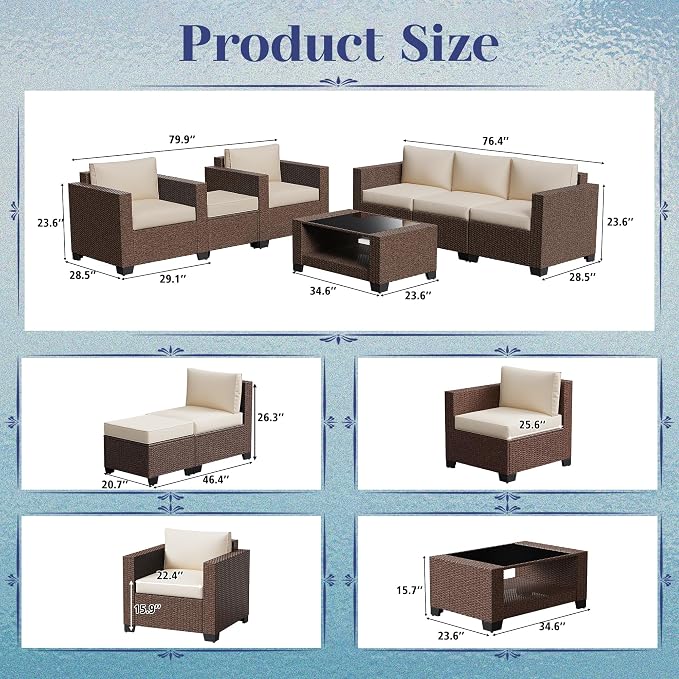 KIGOTY Patio Furniture Set 7 PCS Patio Conversation Sets, All-Weather PE Rattan Outdoor Sectional Sofa with Cushion and 2- Tier Glass Coffee Table（Brown/Beige）