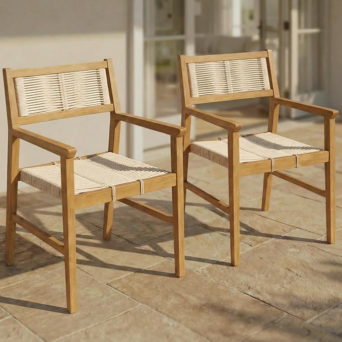 Acacia Heritage Woven Rope Wood Armchair, Set of 2 - Handcrafted Outdoor Patio Dining Chairs with UV Resistant Finish - Solid Wood Boho Accent Seating for Deck, Porch & Backyard, Natural