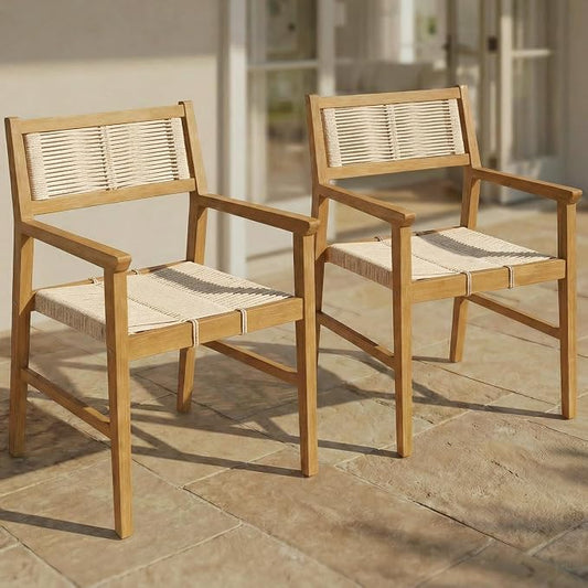 Acacia Heritage Woven Rope Wood Armchair, Set of 2 - Handcrafted Outdoor Patio Dining Chairs with UV Resistant Finish - Solid Wood Boho Accent Seating for Deck, Porch & Backyard, Natural