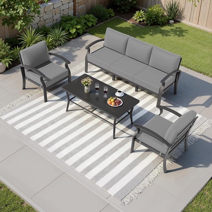 Kullavik Aluminum Patio Furniture Set,4 Piece Modern Metal Outdoor Patio Furniture w/5.1'' Thick Cushion and Rectangular Coffee Table,Patio Conversation Sets for Porch,Deck,Grey
