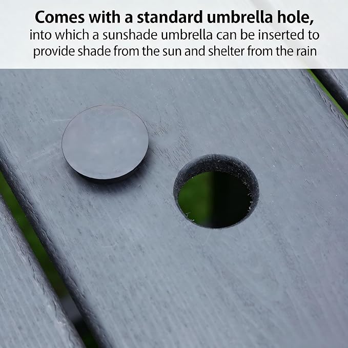 KEIKI 66.9" HDPE Outdoor Table, All Weather Patio Table with Umbrella Hole,Waterproof & Fade Resistant, Wood Grain Finish, Easy Assembly Patio Furniture for Garden Balcony Poolside Backyard, Black