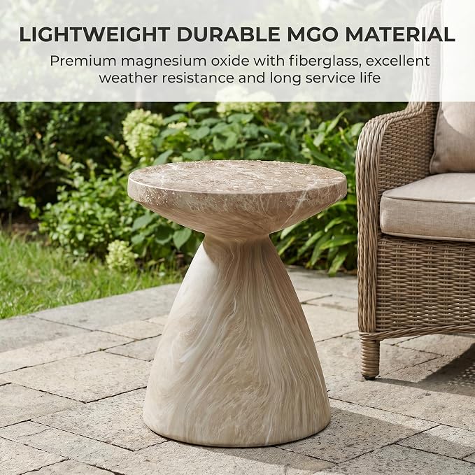 18 x 21 Inch Sculptural Round Outdoor Side Table for Patio, Weather-Resistant Faux Terrazzo Garden Stool, Modern Patio Accent Table for Indoor and Outdoor Use, Drum End Tables, Marble Color