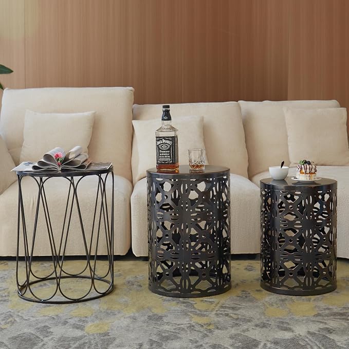 Y&M Set of 3 Patio Side Table for Living Room,Indoor End Tables for Bedroom, Outdoor Garden Stool with Heavy Duty Metal Frame Modern Industrial Decor - Black with Bronze