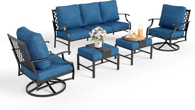 MIXPATIO Patio Furniture Set 5 pcs, Outdoor Patio Furniture, 3-Seat Sofa, 2 Swivel Chairs, 2 Ottomans and 5.75" Extra Thick Cushion, Conversation Set for Backyard Deck,Gemstone Blue